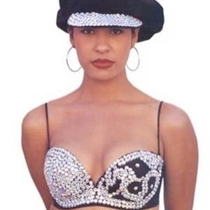 Selena Quintanilla Inspired Black and Silver Rhinestone Bustier Costume